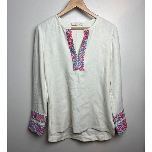 Tory Burch Cream Linen Tunic with Embroidery Accents Sz. 4 - Picture 2 of 9